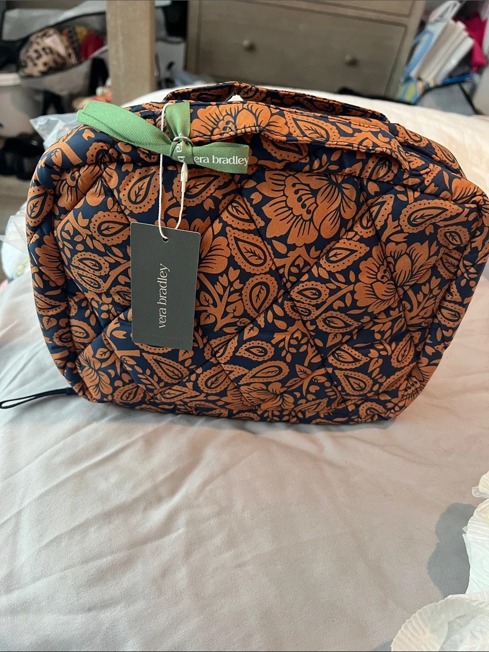 Vera Bradley Navy and Orange Floral Pouch with Green Pull